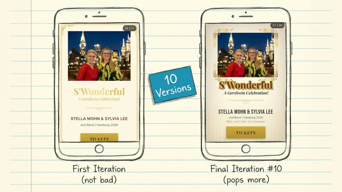AI website design iteration - 10 versions from first mockup to final Art Deco styling in Claude Code