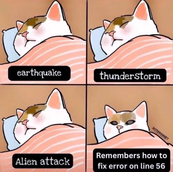 A comic with four panels showing a sleeping cat with various labels. The cat remains calm during "earthquake," "thunderstorm," and "alien attack." In the last panel, the cat wakes up wide-eyed, labeled "Remembers how to fix error on line 56. A comic with four panels showing a sleeping cat with various labels. The cat remains calm during "earthquake," "thunderstorm," and "alien attack." In the last panel, the cat wakes up wide-eyed, labeled "Remembers how to fix error on line 56.