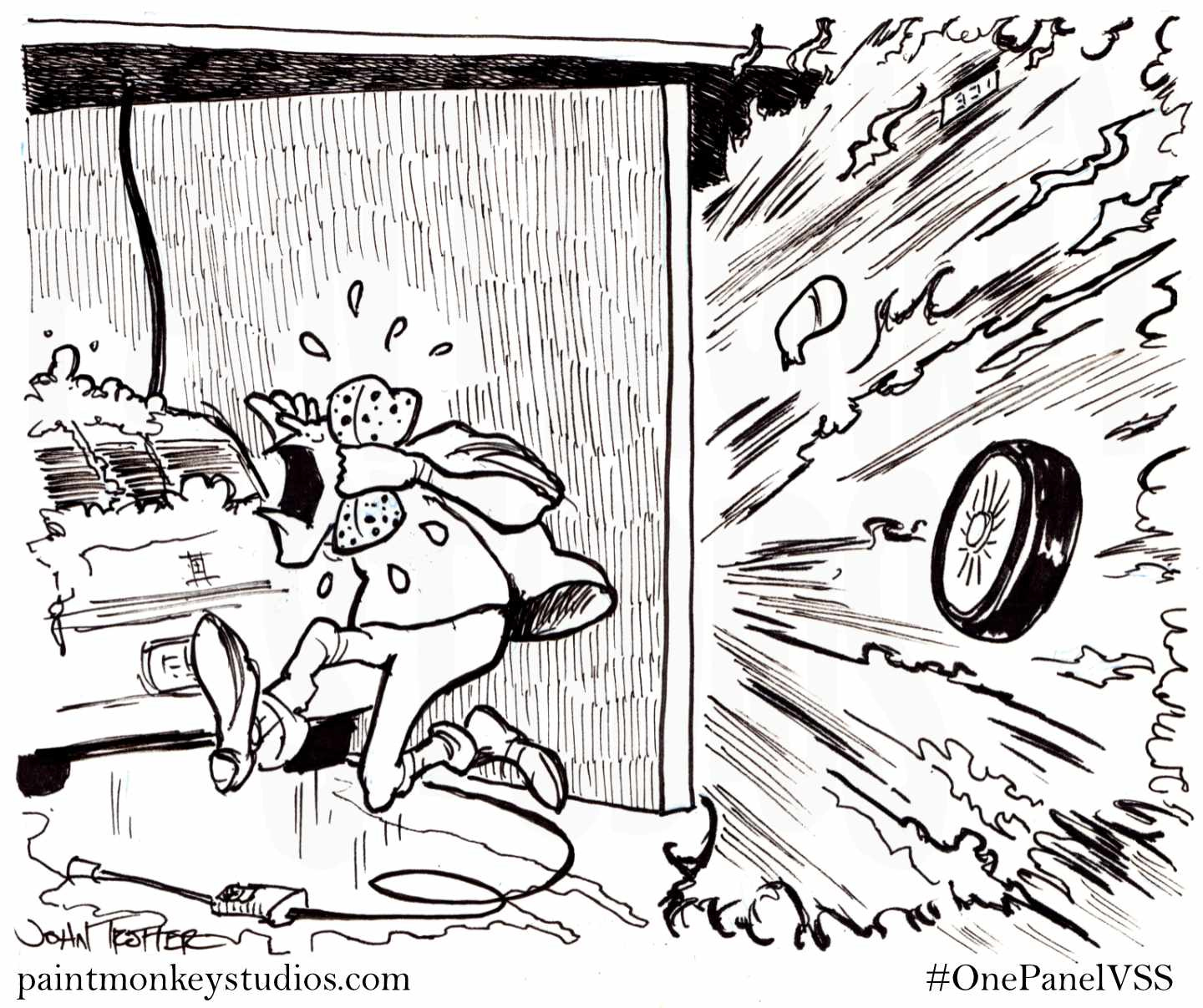 Ink drawing of a man holding a sponge to his ear as a car explodes in the next bay at the car wash.