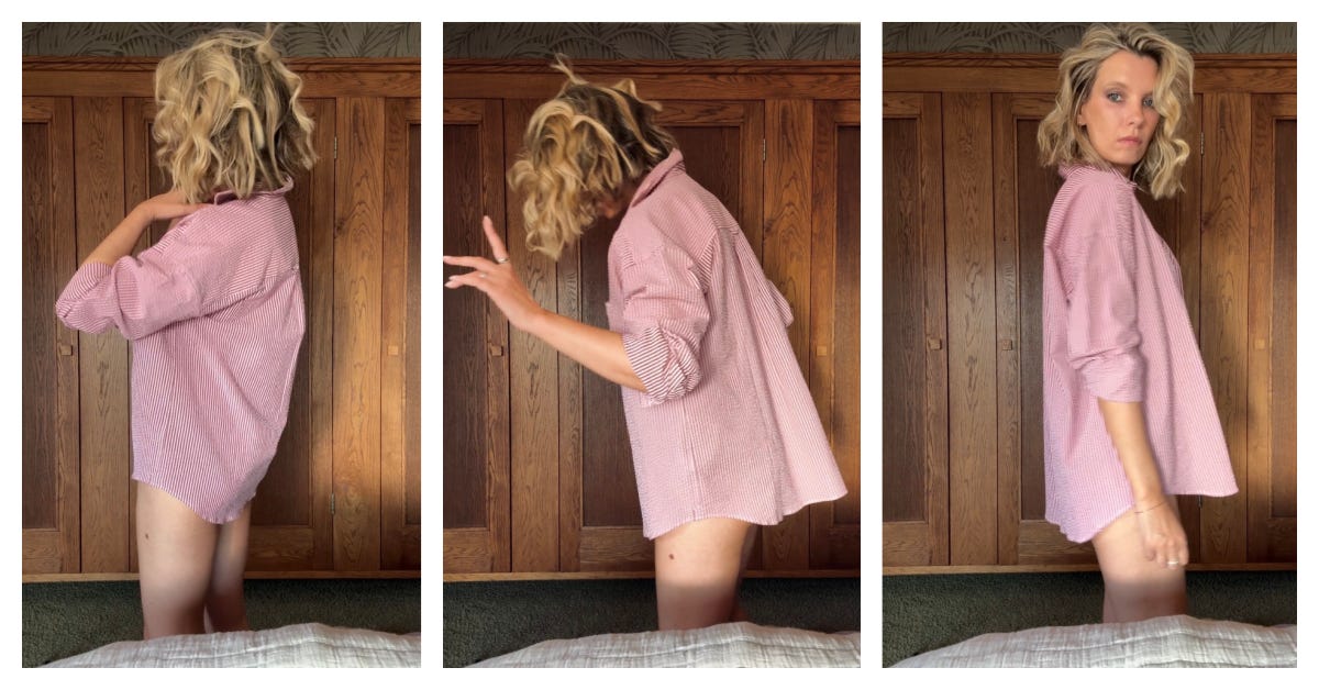 Ruth Crilly wearing With Nothing Underneath seersucker shirt 