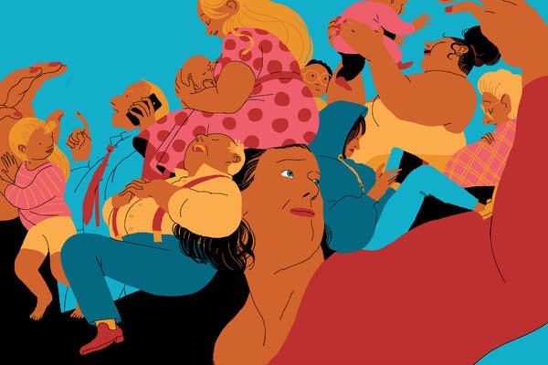 An illustration of a woman holding various family members on her shoulders. Babies, children, three middle-aged people and an older person are portrayed. 