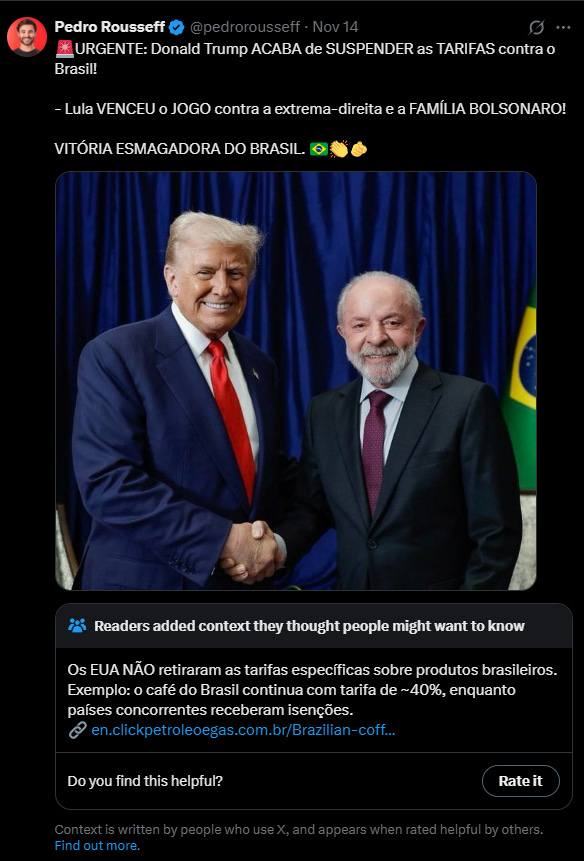 Image shows Donald Trump in a blue suit and red tie shaking hands with Jair Bolsonaro in a gray suit and red tie both smiling against a backdrop with Brazilian and American flags. Surrounding text overlays include Portuguese phrases about US coffee exports to Brazil increasing by 40 percent with engagement and a question Do you find this helpful. Additional elements like reader added context about Brazilian coffee exports and a search bar are visible.