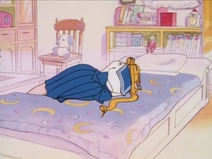 This may contain: an animated image of a person laying on a bed in a room with bookshelves