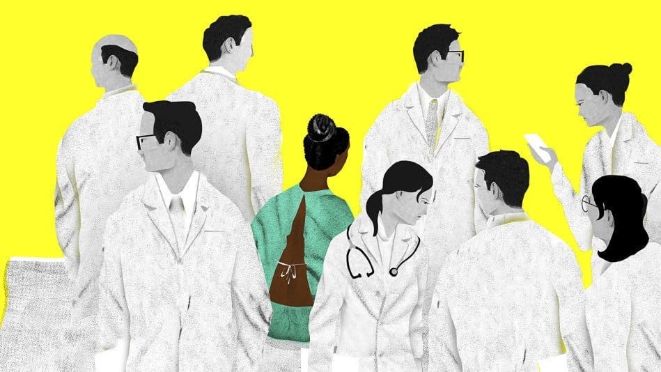 An illustration of doctors ignoring a Black patient. An illustration of doctors ignoring a Black patient.