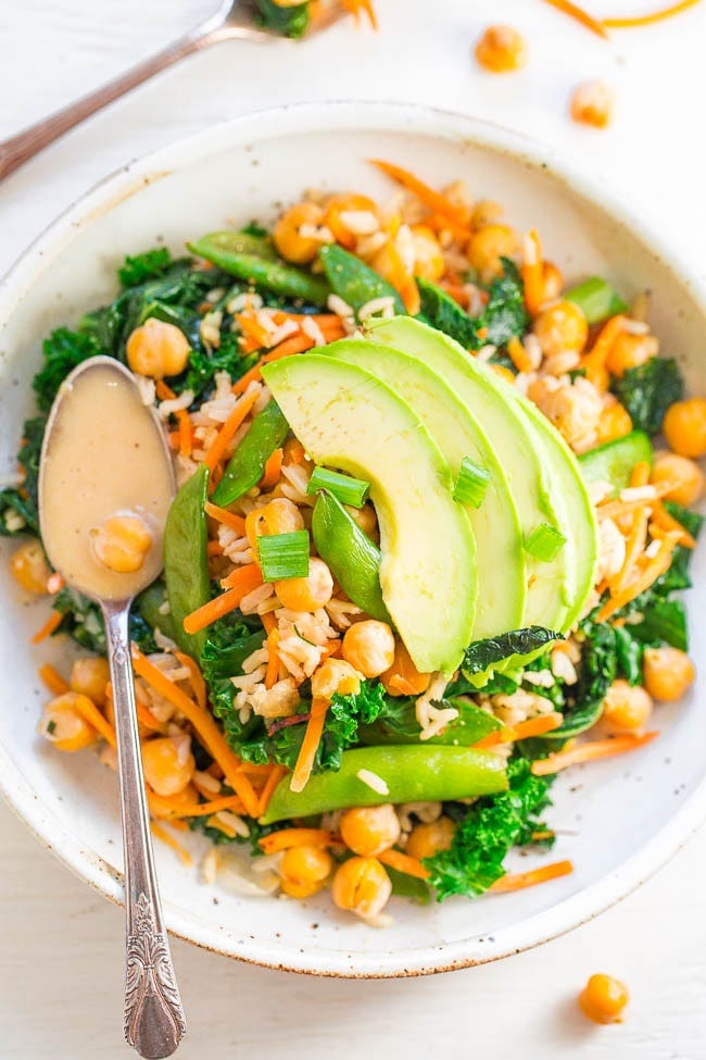 Chickpea and Kale Glow Bowl with Dreamy Tahini Dressing - FAST, EASY, accidentally vegan and gluten-free!! Keeps you satisfied and GLOWING from the inside out! The zippy dressing lives up to its DREAMY name!! Chickpea and Kale Glow Bowl with Dreamy Tahini Dressing - FAST, EASY, accidentally vegan and gluten-free!! Keeps you satisfied and GLOWING from the inside out! The zippy dressing lives up to its DREAMY name!!