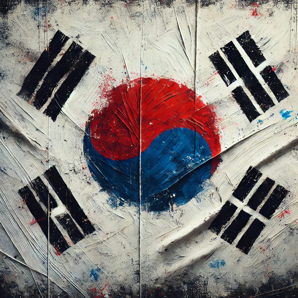 An oil painting of the full South Korean flag, showing resilience despite being battered. The flag features the Taegeuk symbol in red and blue at the center and the four black trigrams in their traditional positions. The white background is intact but appears weathered, with stains, smudges, and a slightly aged texture. The brushstrokes are detailed and textured, capturing the flag as a symbol of strength and perseverance. The composition conveys a sense of pride and enduring spirit, despite the visible marks of hardship and time.