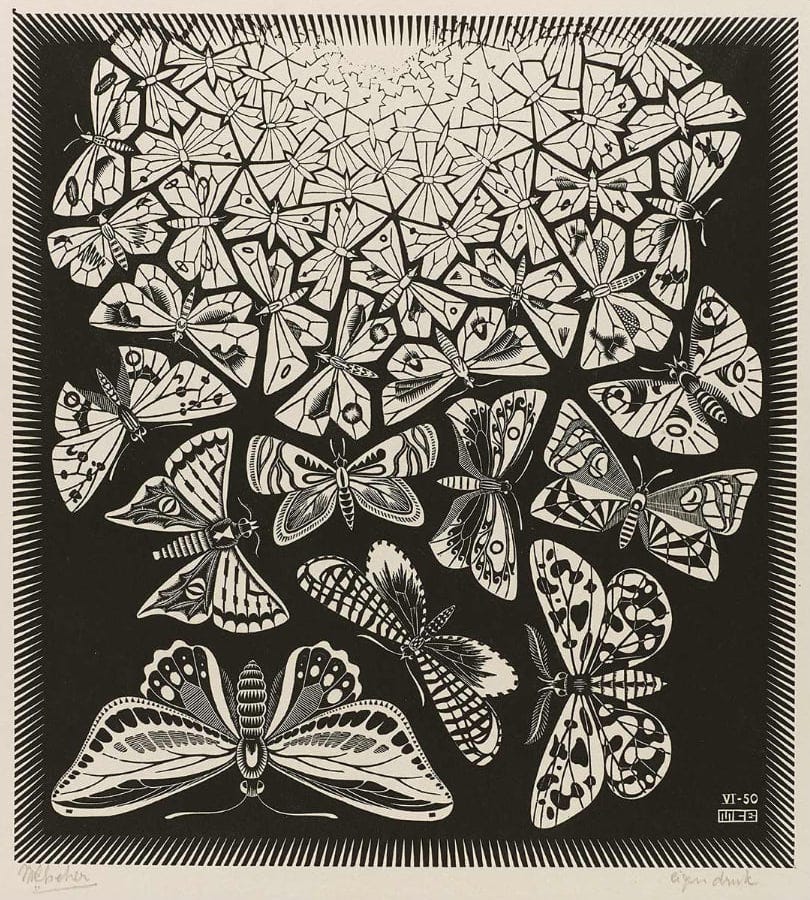 Opera "Farfalle" di M. C. Escher realizzata con un'incisione: su sfondo nero una sorta di puzzle color seppia nella parte alta inizia a dividersi e ogni pezzo genera, scendendo, sempre più farfalle, che nella parte bassa si librano nello spazio attorno.