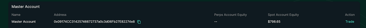 Hyperliquid testnet sub-accounts page showing Master Account with Spot Account Equity of $798.65 and empty Perps Account Equity