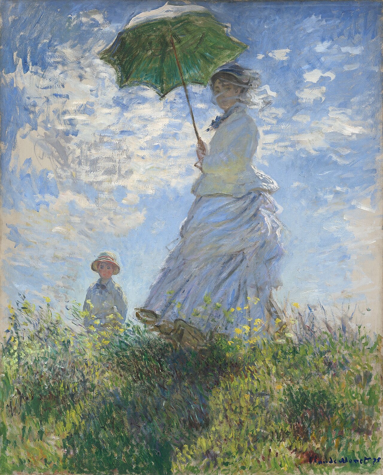 A woman with a parasol on a rise against a windblown sky A woman with a parasol on a rise against a windblown sky