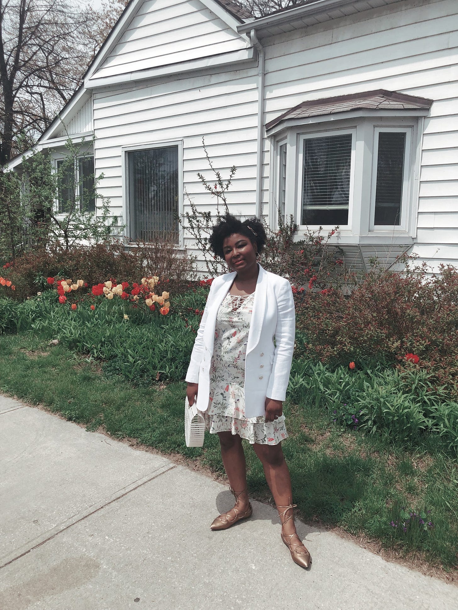 Theory linen tuxedo blazer, The Kooples silk floral dress, Gaia arch bag, gold gladiator flats Theory linen tuxedo blazer, The Kooples silk floral dress, Gaia arch bag, gold gladiator flats