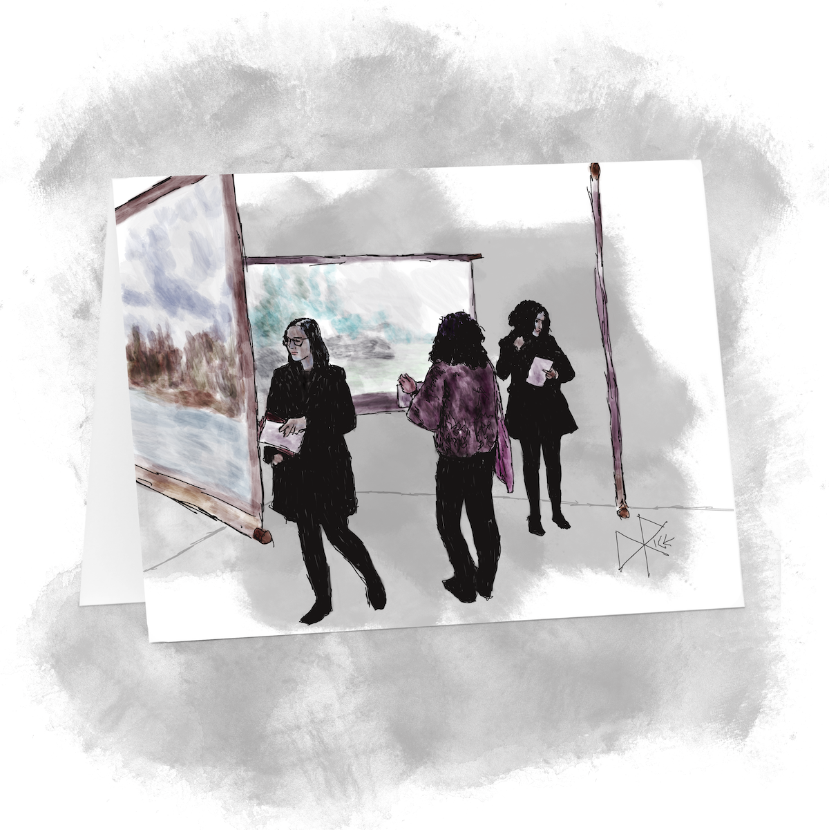 Three people standing inside the triangle created by the video projection triptych “Arcadia” by Rick Fisher and Don Rice. Sketch art by Don Rice. Three people standing inside the triangle created by the video projection triptych “Arcadia” by Rick Fisher and Don Rice. Sketch art by Don Rice.
