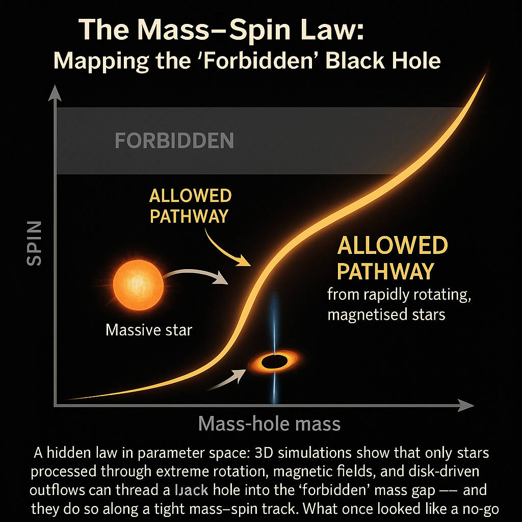 An infographic titled “The Mass–Spin Law: Mapping the ‘Forbidden’ Black Hole.” It shows a graph with black hole mass on the horizontal axis and spin on the vertical axis. A shaded band marks the forbidden pair-instability mass gap. A glowing golden curve rises diagonally through the gap, labelled as the allowed pathway for rapidly rotating, strongly magnetised massive stars to form black holes. Two small insets depict a massive star and a disk–jet system feeding into this pathway. The design highlights the newly discovered relationship between mass, spin, and magnetised mass-loss processes.