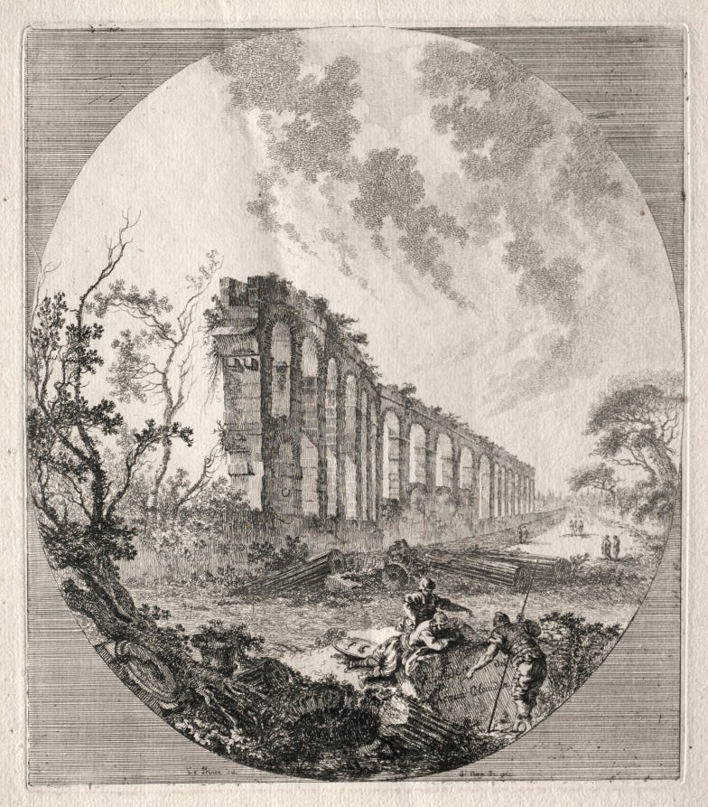 Ancient Ruins: Ancient Aqueduct — etching by Jean-Claude-Richard de Saint-Non, 1756 Ancient Ruins: Ancient Aqueduct — etching by Jean-Claude-Richard de Saint-Non, 1756