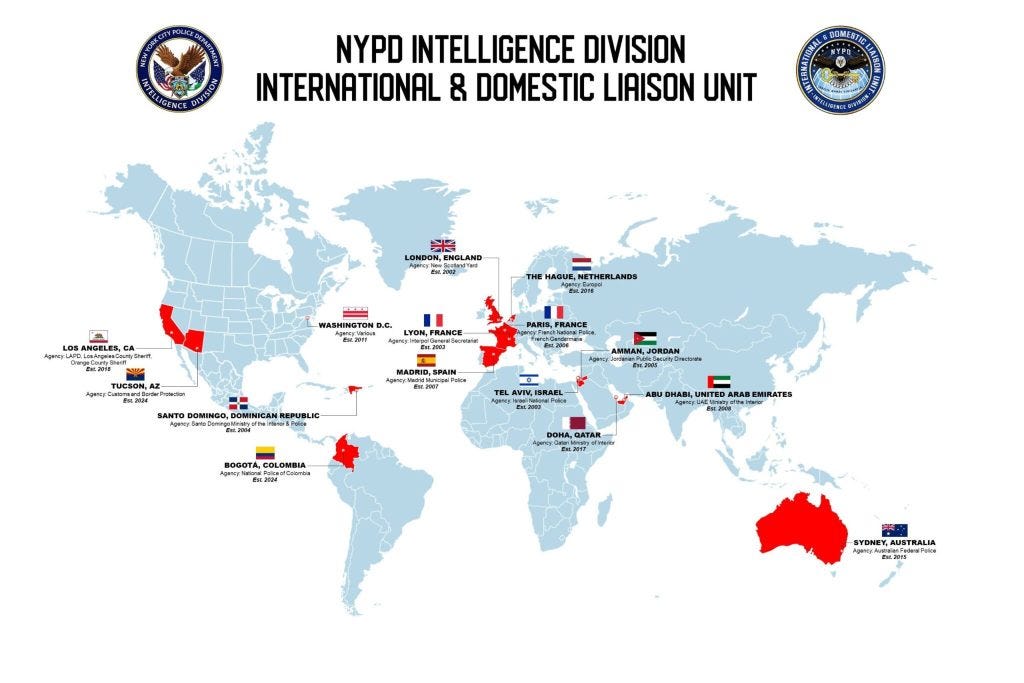Illustration of the NYPD Intelligence Division's International and Domestic Liaison Unit global presence, showing their offices in various cities and countries. Illustration of the NYPD Intelligence Division's International and Domestic Liaison Unit global presence, showing their offices in various cities and countries.