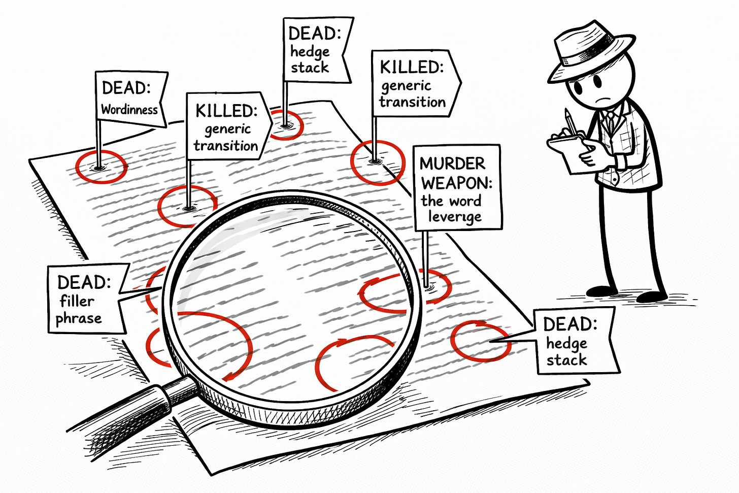 Illustration of a stick figure detective examining a document through a magnifying glass with red circles flagging AI slop patterns including hedge stacking, generic transitions, filler phrases, and the word leverage, representing a forensic slop detection workflow for AI-assisted content creators Illustration of a stick figure detective examining a document through a magnifying glass with red circles flagging AI slop patterns including hedge stacking, generic transitions, filler phrases, and the word leverage, representing a forensic slop detection workflow for AI-assisted content creators