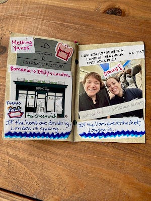 If the lions are drinking, London is sinking. If the lions are in the duct, London is... A business card from Yanos the leather-maker, a cartoon of me with my friends on the Thames, and a photo of me with flight attendant Stacey on the return flight.