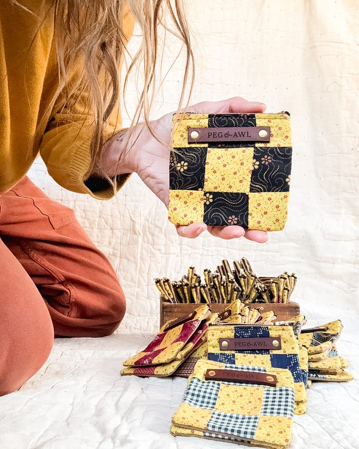 antique quilt block and waxed canvas pouches, Peg and Awl