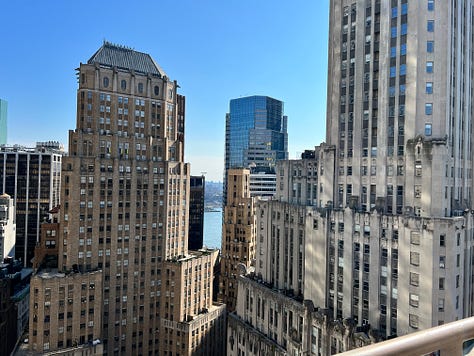 images of streets, rivers and bridges in New York, as well as a photo of two friends