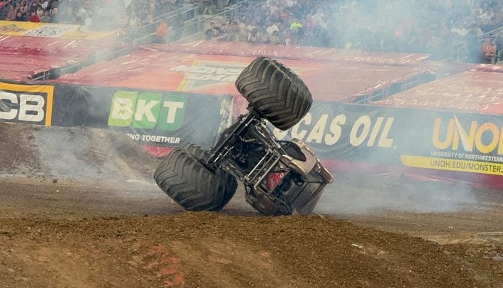 a monster truck on its side