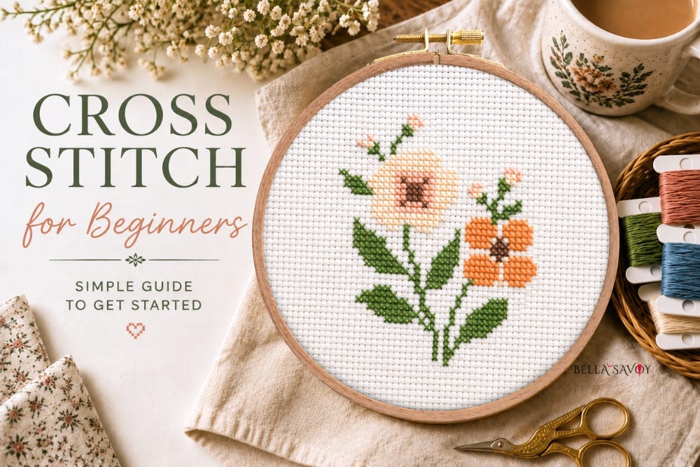 Cross stitch hoop with a floral design in cream and orange, surrounded by embroidery thread, dried flowers, and gold scissors, with text reading "Cross Stitch for Beginners: Simple Guide to Get Started."