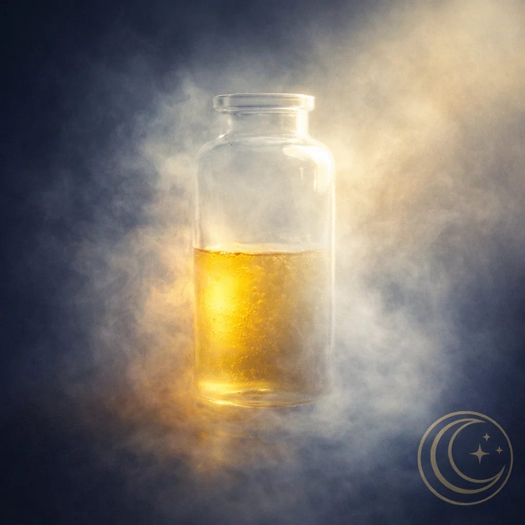 MoonInMental aromatherapy image for Saturn-Neptune week February 2026. Glass vessel with golden liquid becoming clear as mist dissolves representing disillusionment and emerging clarity.