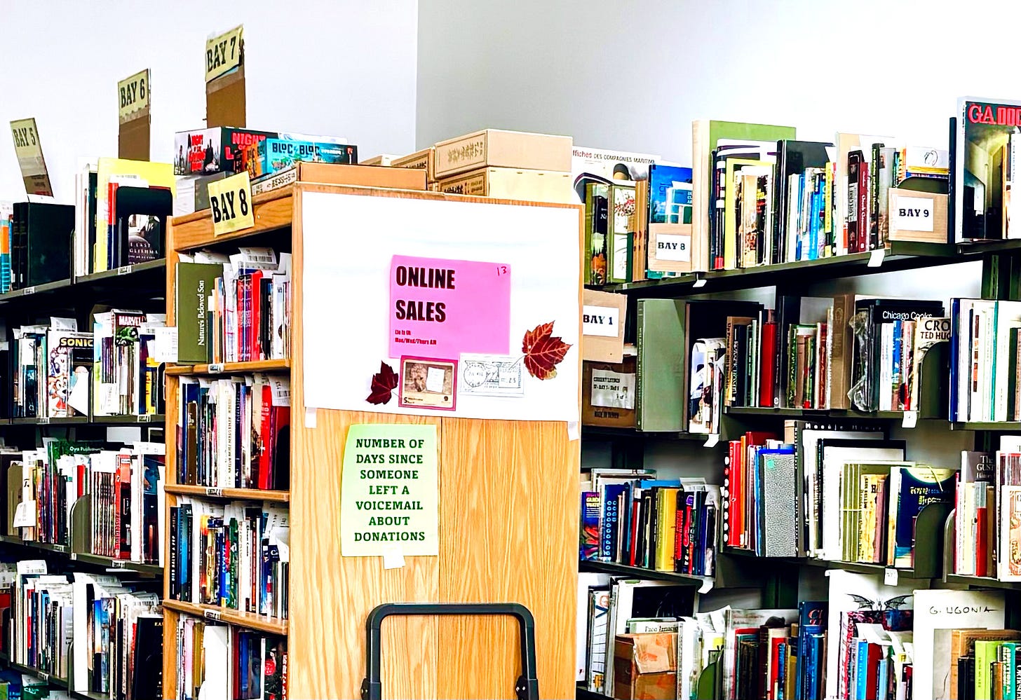 Bookcases filled with donated books identified for online sales platforms. (Image source: Oakland Report)