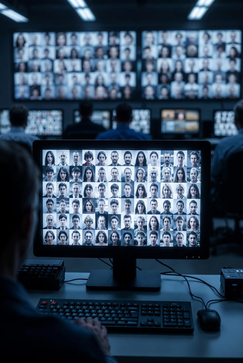 A photograph of AI mass surveillance with a grid of human faces on a screen in a dimly lit room. A photograph of AI mass surveillance with a grid of human faces on a screen in a dimly lit room.