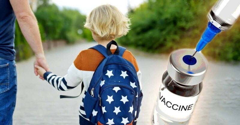 Little boy with backpack on left and a vaccine on the right