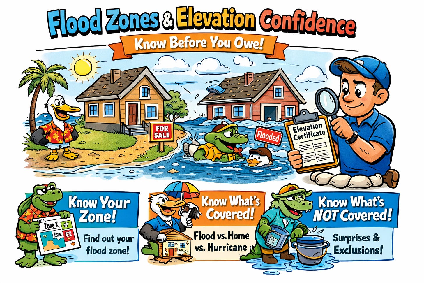 Flood Zones & Elevation Confidence cheat sheet infographic showing two neighboring Florida homes, one dry and one flooded, with a Florida-style real estate agent holding an Elevation Certificate clipboard and magnifying glass, plus three flood insurance tips: know your flood zone, know what’s covered (home vs flood vs hurricane), and know what’s not covered for Suncoast Florida homebuyers.