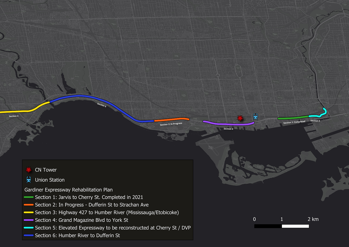 Mapping the Gardiner Expressway's Renewal: A visual representation, created in QGIS, of the six-phase rehabilitation plan, highlighting completed sections, ongoing work, and future endeavors. This ambitious project aims to modernize a crucial artery while navigating the complexities of urban infrastructure renewal. Mapping the Gardiner Expressway's Renewal: A visual representation, created in QGIS, of the six-phase rehabilitation plan, highlighting completed sections, ongoing work, and future endeavors. This ambitious project aims to modernize a crucial artery while navigating the complexities of urban infrastructure renewal.