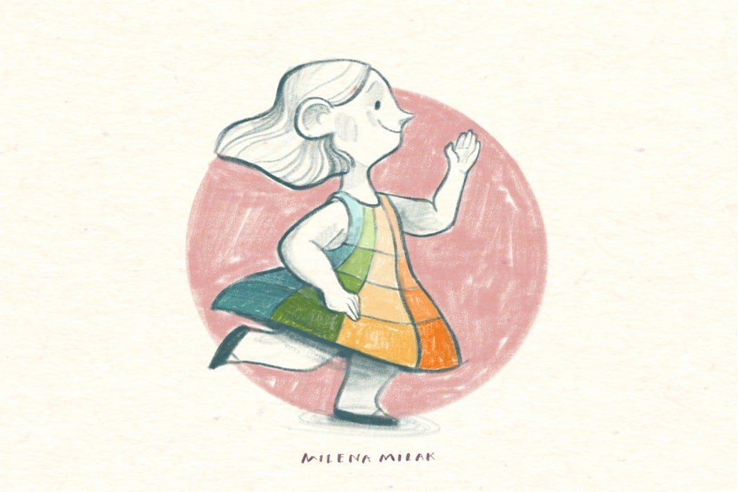 traditional illustration of a little girl dancing in a colorful dress