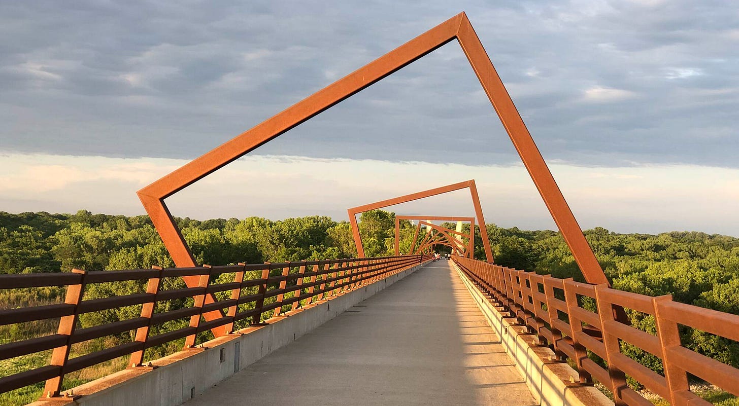 A view of a bike trail bridge 130 ft up.