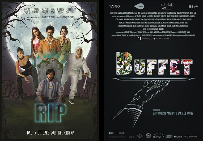 RIP, film d’esordio di Alessandro D’Ambrosi e Santa De Santis appena uscito al cinema, e Buffet, il cortometraggio con cui hanno vinto Est Film Festival nel 2017.