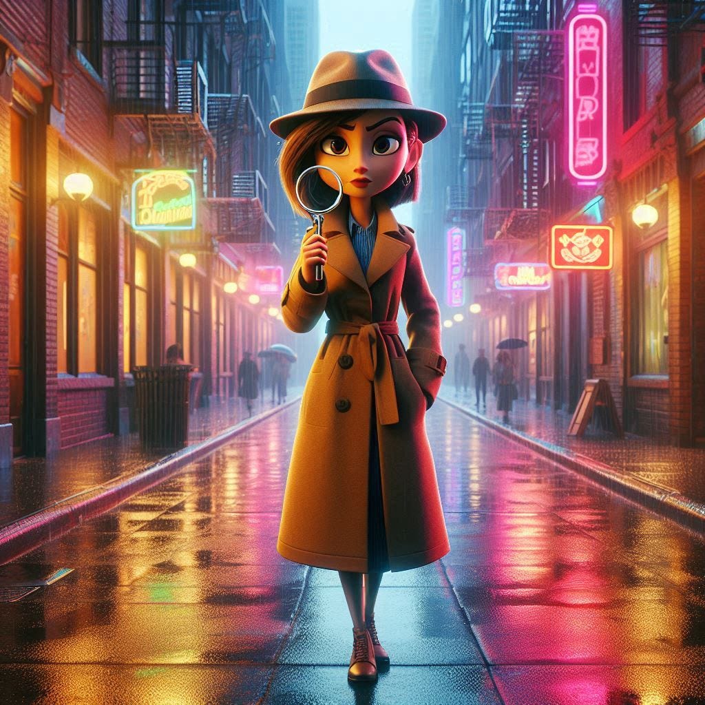 Pixar style picture of a detective woman