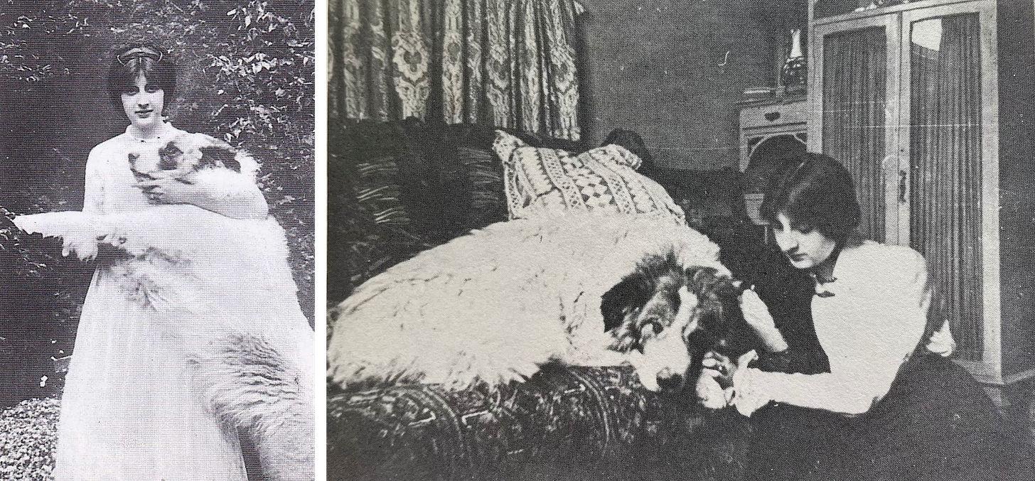 Two black and white photos of a young woman with a large dog