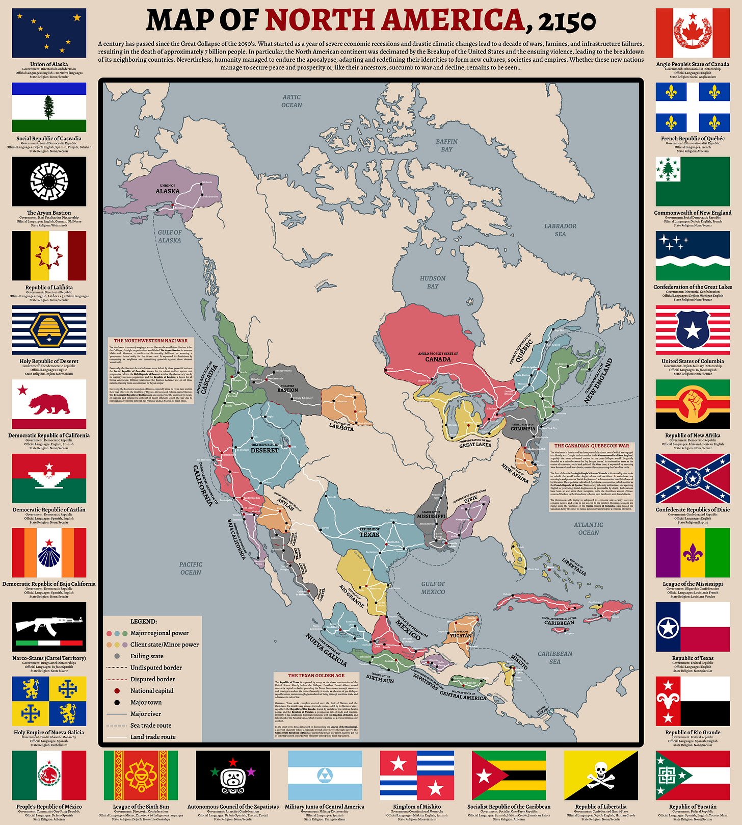 Map of North America in 2150 showing new nations and borders, with national flags and brief descriptions of each country displayed around the map.