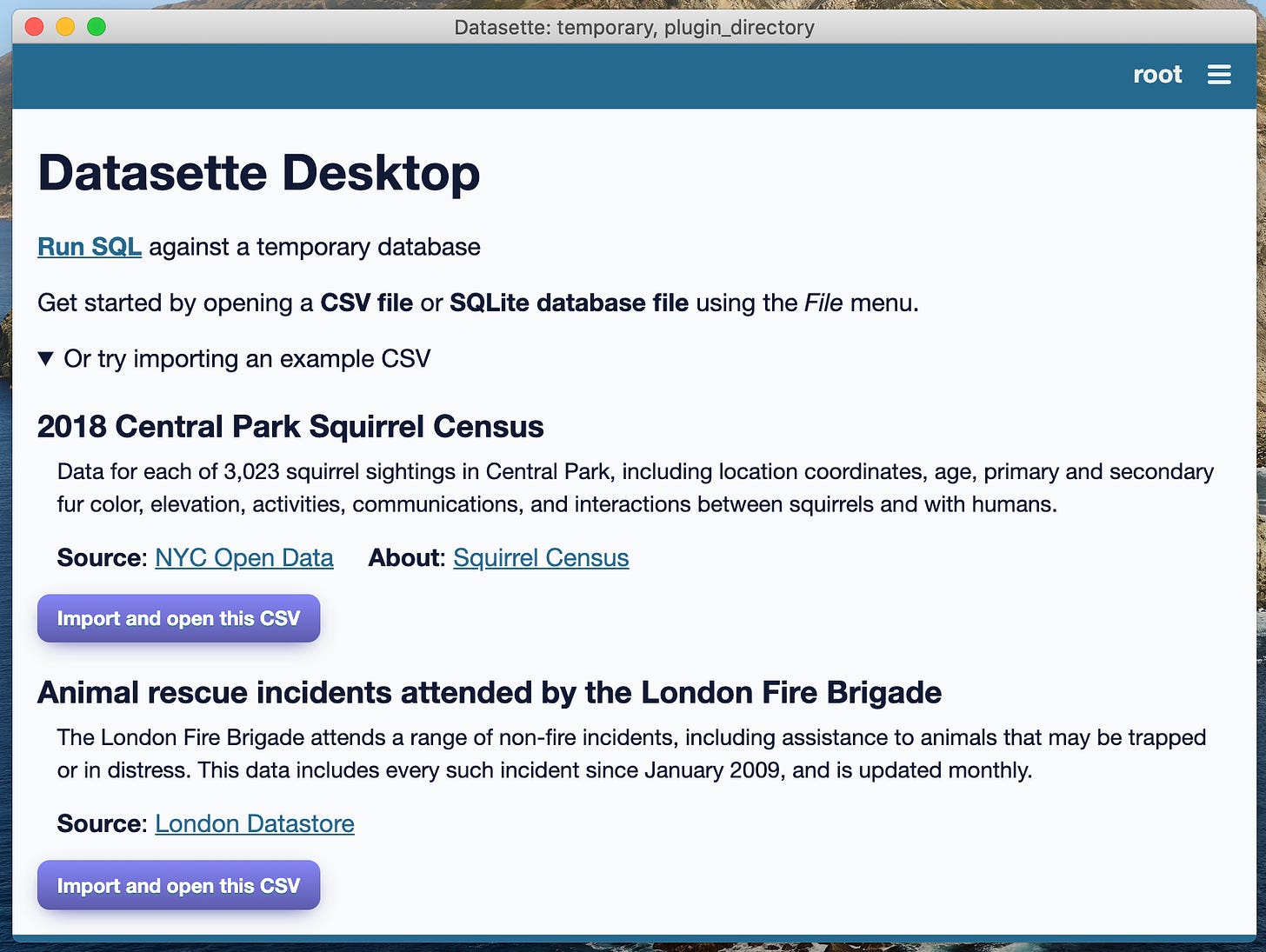 Screenshot of the welcome screen, showing the buttons to import the two example CSVs