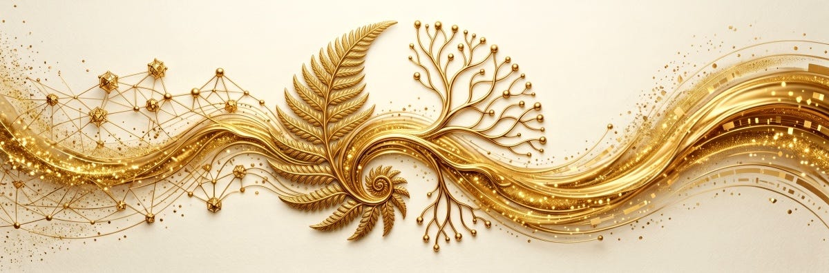 Golden Flow Visual of Artificial Intelligence in Synergy with Ancient Intuition