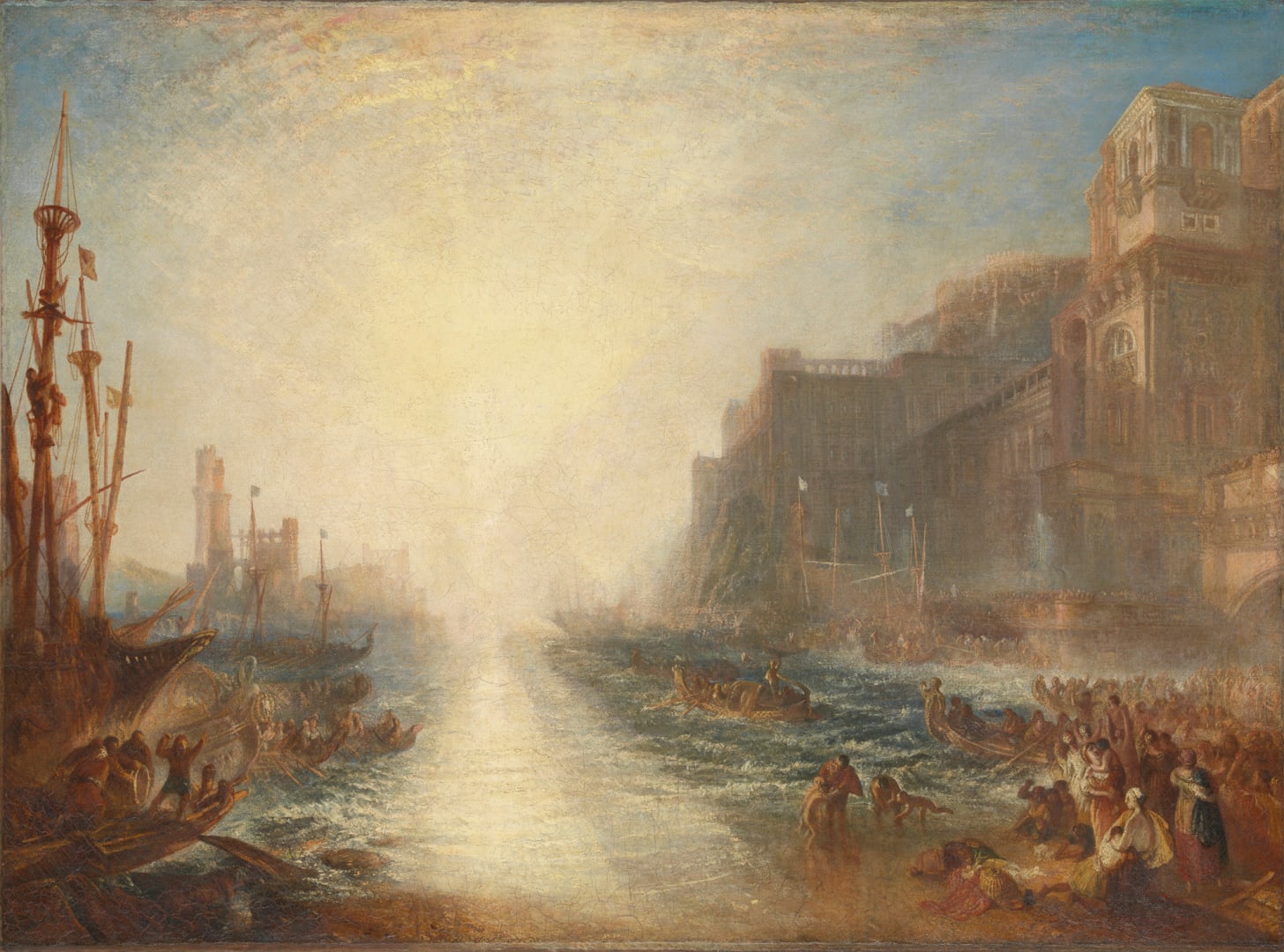 A blinding white sun at the centre of a harbour scene almost erases the buildings around it A blinding white sun at the centre of a harbour scene almost erases the buildings around it