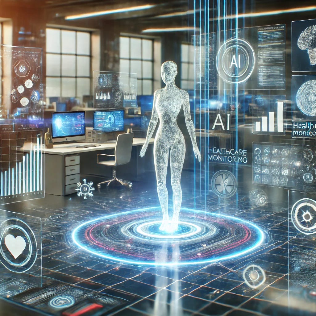 A futuristic scene of an artificial intelligence concept showing an agentic AI represented as a glowing, semi-transparent humanoid figure surrounded by a complex network of data streams and holographic screens displaying tasks like scheduling, healthcare monitoring, and problem-solving. The setting is a sleek, modern environment blending technology and daily life, with a calming, optimistic atmosphere.