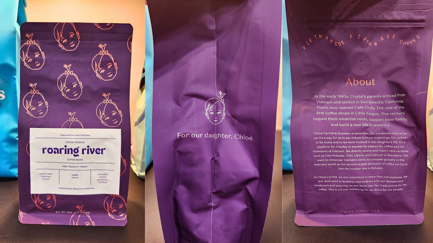Three images of a coffee bag. Left: Front of the bag which is purple with a rose-gold drawing of a child's face repeated in a pattern on the bag with a white label that says "roaring river" and facts about the coffee. Middle: the side of the bag with a single image of the child's face with the note "For our daughter, Chloe." Right: The back of the bag featuring information about the business and coffee. Three images of a coffee bag. Left: Front of the bag which is purple with a rose-gold drawing of a child's face repeated in a pattern on the bag with a white label that says "roaring river" and facts about the coffee. Middle: the side of the bag with a single image of the child's face with the note "For our daughter, Chloe." Right: The back of the bag featuring information about the business and coffee.