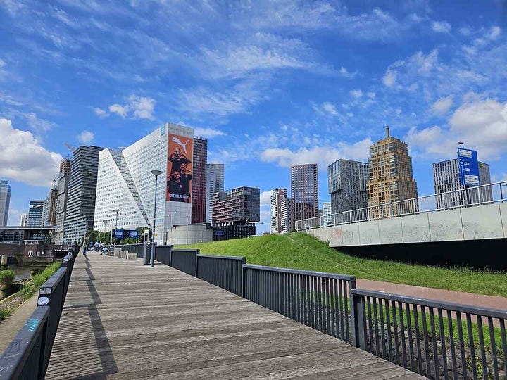 Rotterdam has many unique architectural buildings visible from the waterfront. 