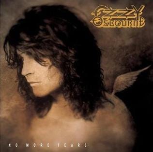 Sepia-toned album cover showing a side profile of a person with long, dark hair and a somber expression, with a faint angel wing on their back. The top right corner has the gold text "Ozzy Osbourne," and the bottom reads "No More Tears" in white letters.