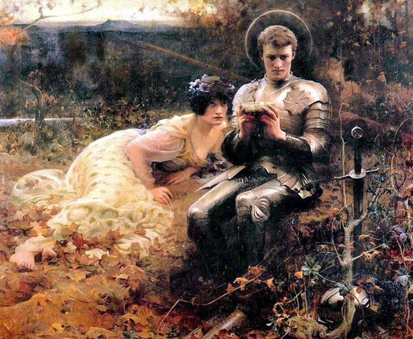 The Temptation of Sir Percival. Illustrates a scene from Malory's Le Morte d'Arthur, in which Percival is tempted by a devil in the form of a beautiful woman.