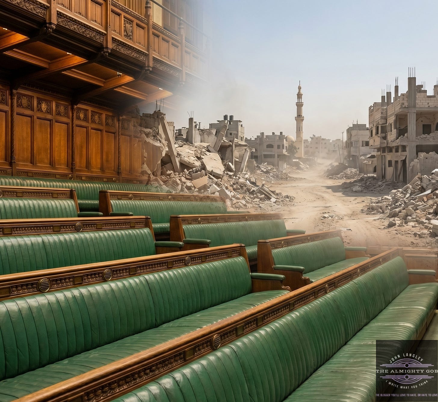 A composite photorealistic image published by The Almighty Gob. Showing the empty green leather benches of the British House of Commons in the foreground, with ornate wooden panelling visible above. The right half of the image transitions into a scene of rubble-strewn streets in Gaza, with damaged and destroyed buildings under a pale dusty sky, and a white minaret visible in the mid-distance. The two scenes merge diagonally across the centre of the square image with no visible border between them. A composite photorealistic image published by The Almighty Gob. Showing the empty green leather benches of the British House of Commons in the foreground, with ornate wooden panelling visible above. The right half of the image transitions into a scene of rubble-strewn streets in Gaza, with damaged and destroyed buildings under a pale dusty sky, and a white minaret visible in the mid-distance. The two scenes merge diagonally across the centre of the square image with no visible border between them.