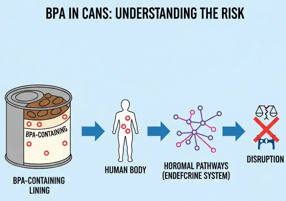 Food → can lining → BPA migration → hormonal pathways. Food → can lining → BPA migration → hormonal pathways.