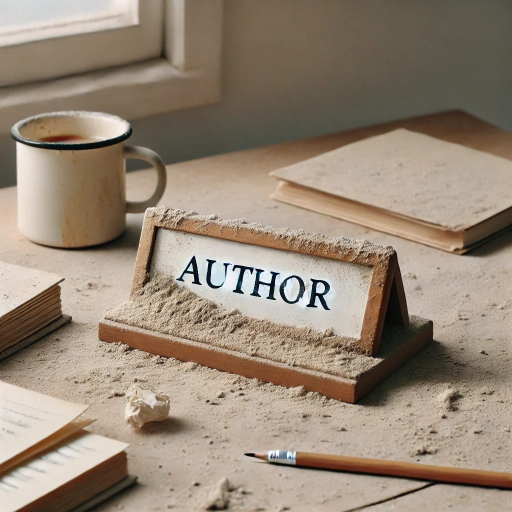 A dusty nameplate labeled “Author” sits slightly askew on a cluttered desk, partially covered by loose pages, coffee stains, and a broken pencil.