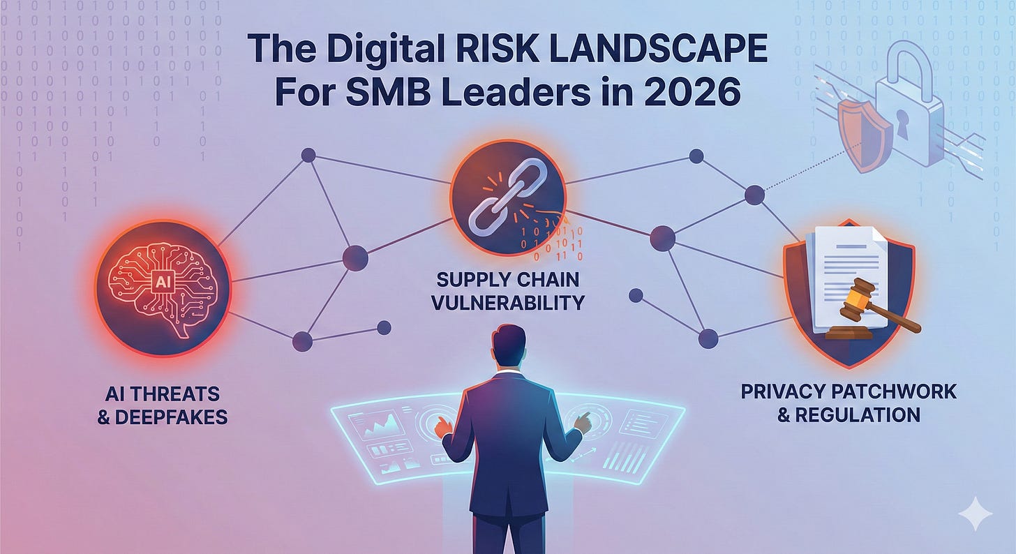 As we settle into 2026, the convergence of AI-driven threats, complex supply chain risks, and a fragmented regulatory environment is creating a perfect storm for small and medium-sized businesses. Leadership must now move beyond basic security measures to strategic risk management. As we settle into 2026, the convergence of AI-driven threats, complex supply chain risks, and a fragmented regulatory environment is creating a perfect storm for small and medium-sized businesses. Leadership must now move beyond basic security measures to strategic risk management.