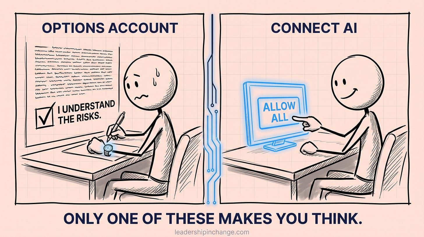 Two panels: a stick-figure leader carefully ticks an “I understand the risks” box, then happily presses “Allow all” on an AI screen — AI agent safety | Leadership in Change by Joel Salinas