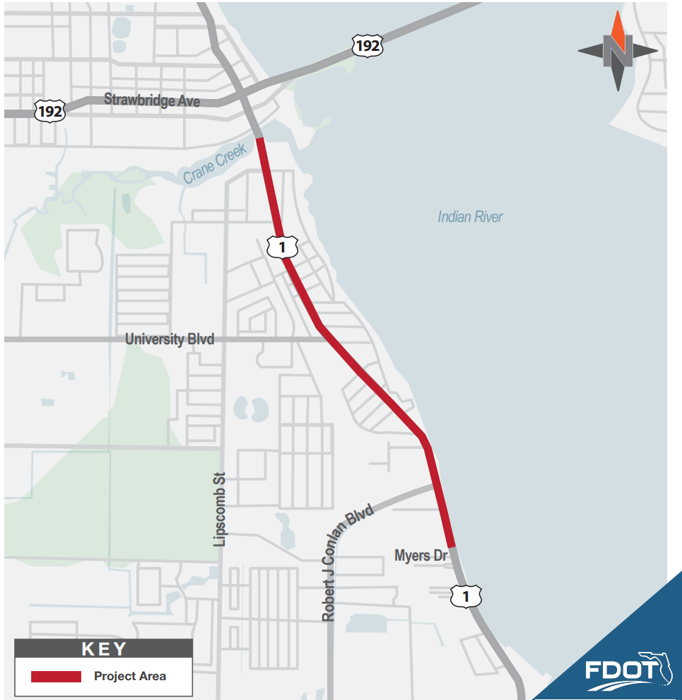 Map showing the FDOT project area along U.S. 1 between Myers Drive in Palm Bay and the Crane Creek Bridge near Strawbridge Avenue in Melbourne, Florida. Map showing the FDOT project area along U.S. 1 between Myers Drive in Palm Bay and the Crane Creek Bridge near Strawbridge Avenue in Melbourne, Florida.